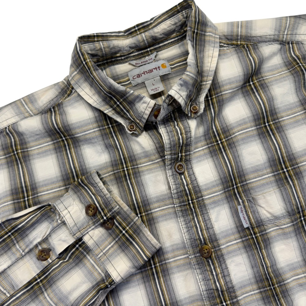 Carhartt Mens L Plaid Work Shirt Relaxed Fit Cotton Gray Yellow Button Down